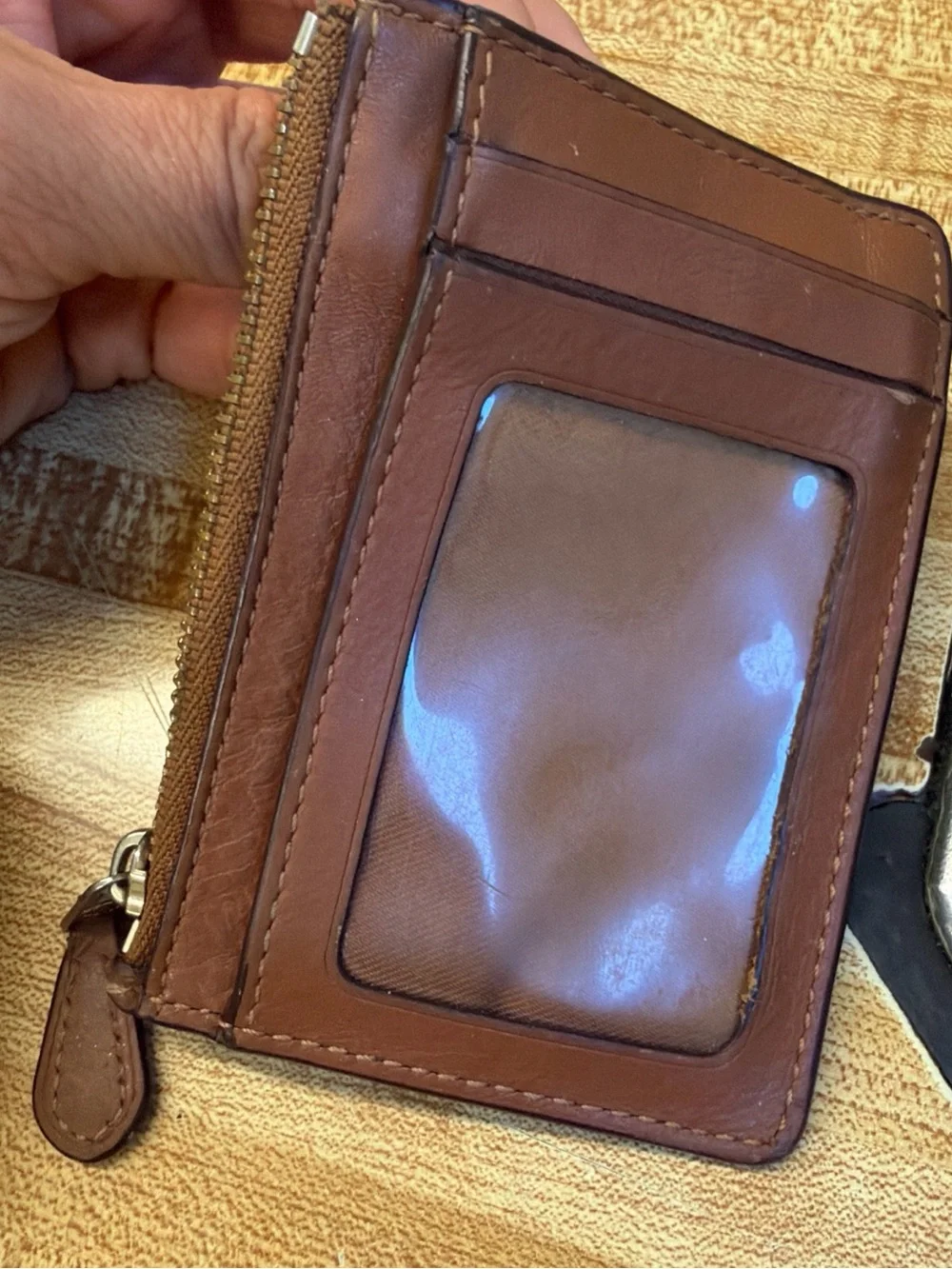 Coach Brown Leather Zip Card Case with Silver Logo